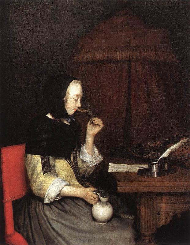 TERBORCH, Gerard Woman Drinking Winen 5r France oil painting art